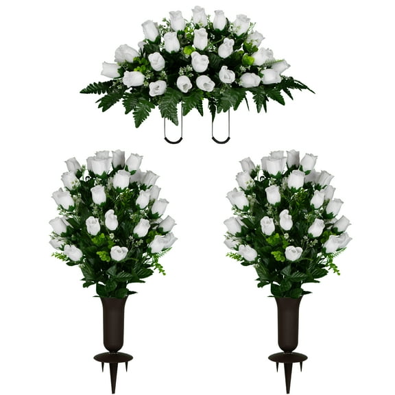 Sympathy Silks Artificial Cemetery Flowers White Rose Buds White Rose Bud Sympathy Silks Plastic Grave Vase with Spikes