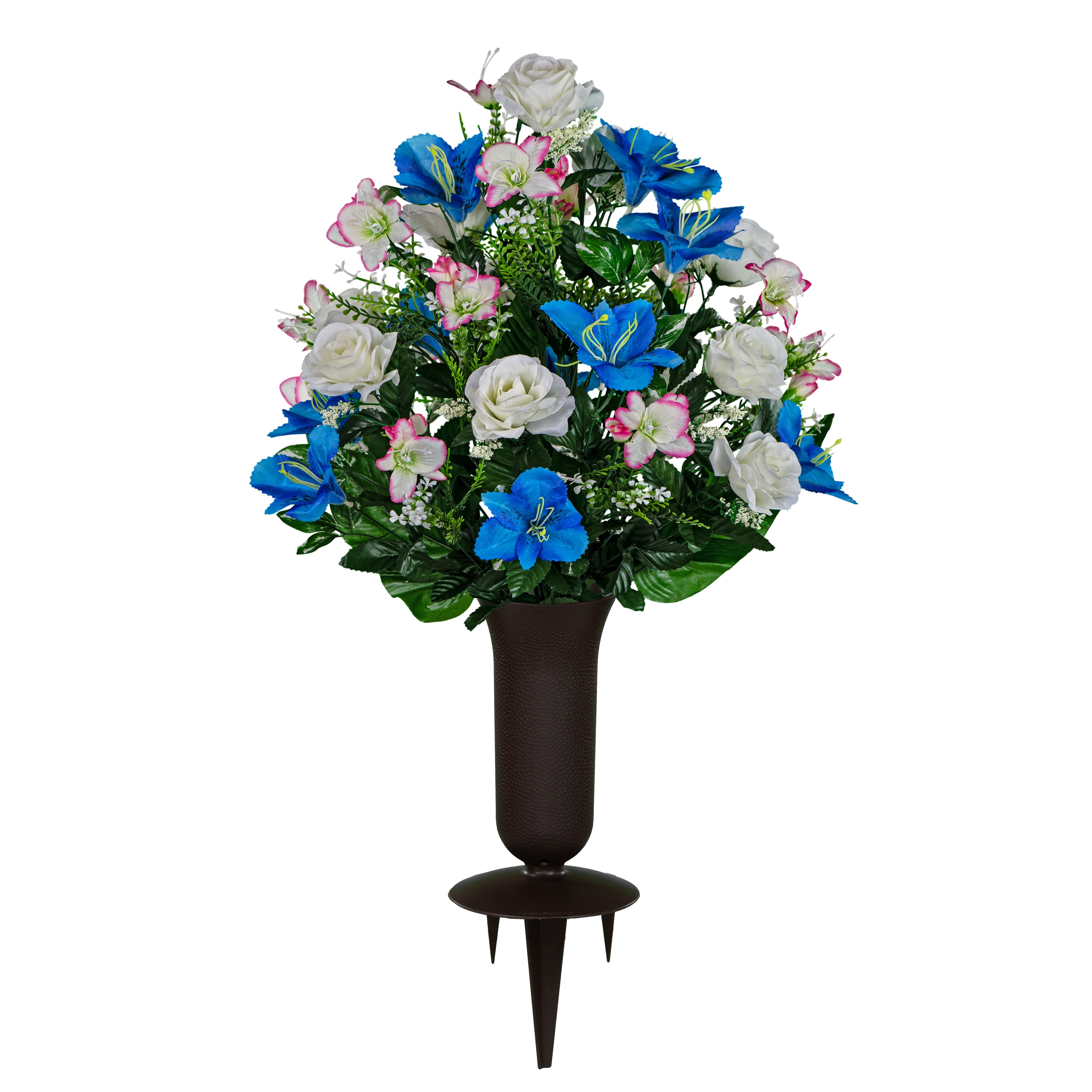 Sympathy Silks Artificial Cemetery Flowers White Rose and Blue ...
