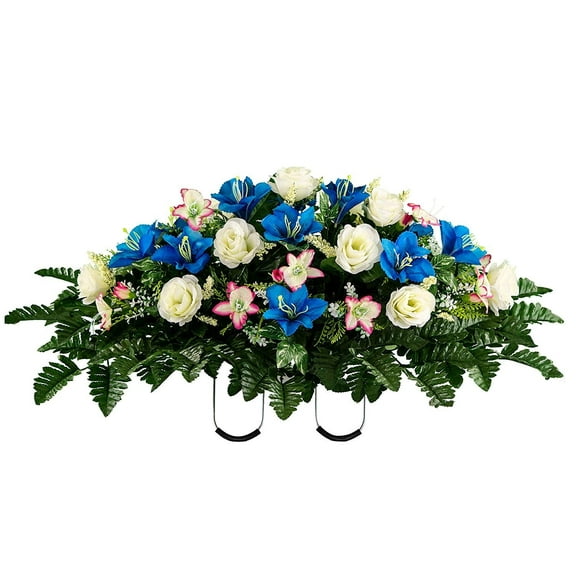 Sympathy Silks Artificial Cemetery Flowers White Rose and Blue Alstroemeria Saddle for Headstone