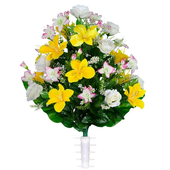Sympathy Silks Artificial Cemetery Flowers White Rose and Yellow Alstroemeria Bouquet