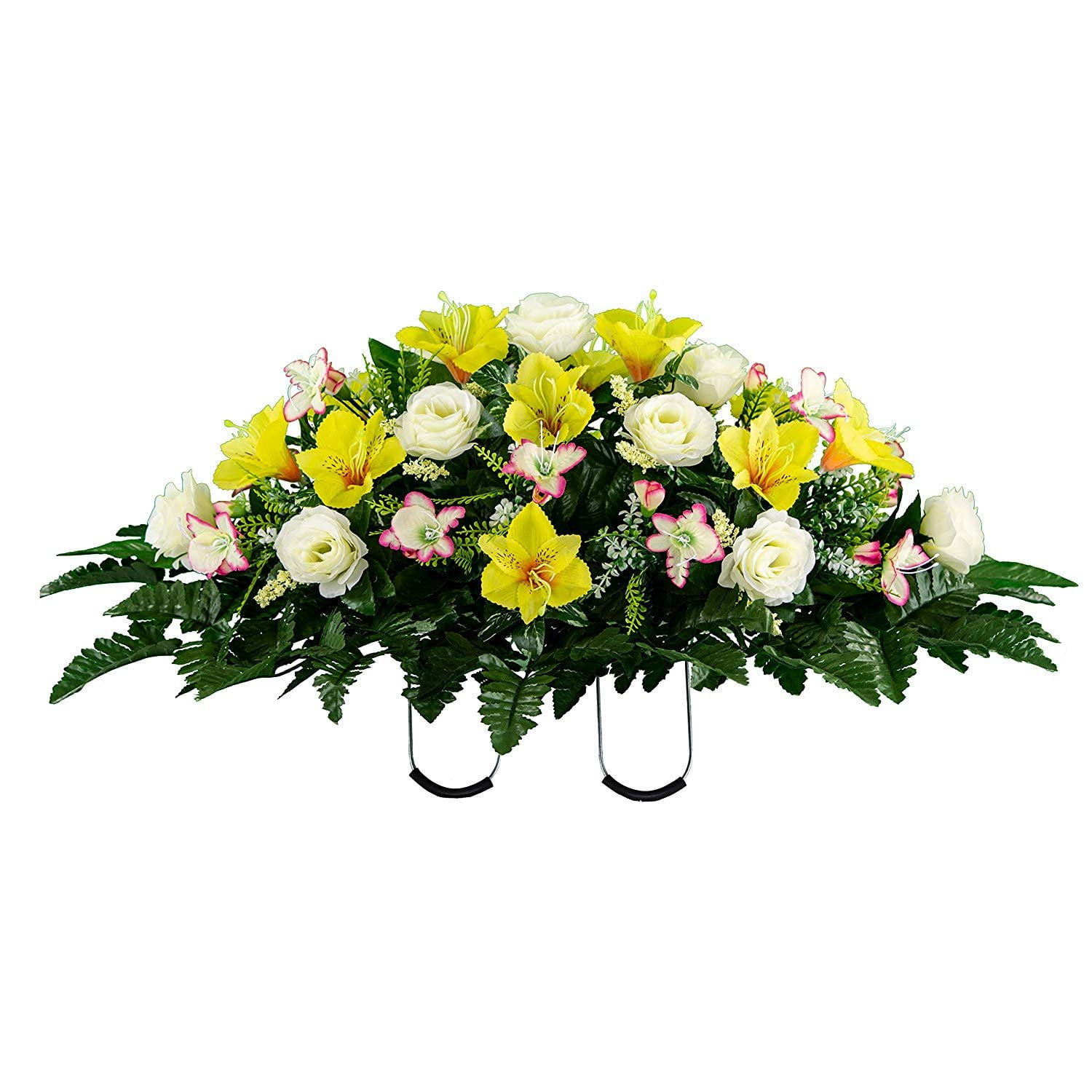 Sympathy Silks Artificial Cemetery Flowers White Rose and Yellow