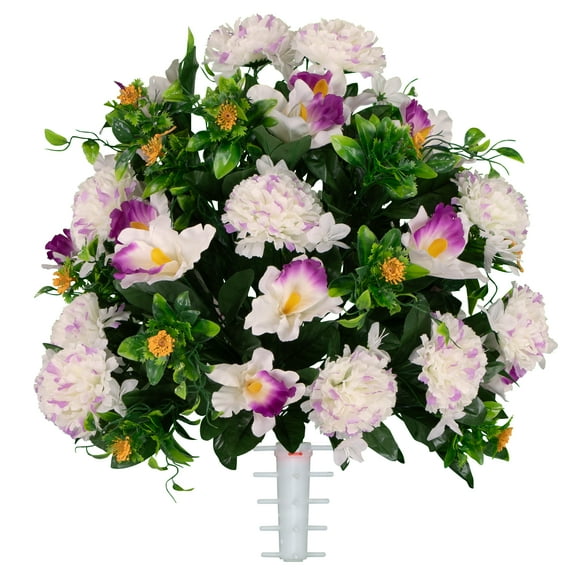 Sympathy Silks Artificial Cemetery Flowers - White and Purple Carnation and Alstroemeria - Bouquet for Vase