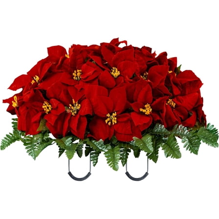 Sympathy Silks Artificial Cemetery Flowers - Winter Memorial Flowers - Christmas Poinsettias - Red Poinsettias Saddle for Headstone