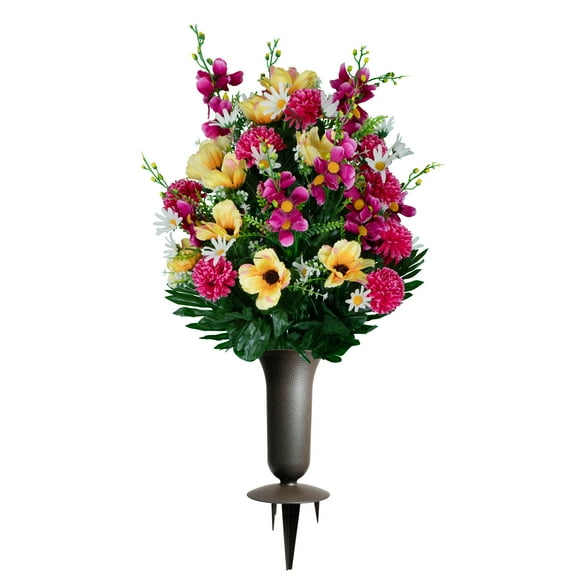 Sympathy Silks Artificial Cemetery Flowers Yellow Anemone Garden Mix Bouquet with Sympathy Silks Vase