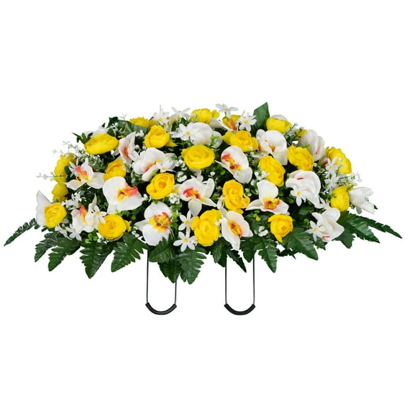 Sympathy Silks Artificial Cemetery Flowers - Yellow Cabbage Rose and White Orchid - Saddle for Headstone
