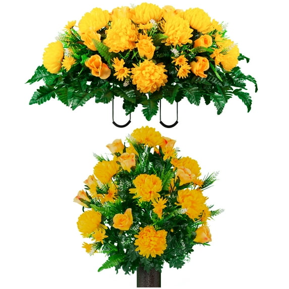 Sympathy Silks Artificial Cemetery Flowers - Yellow Mum and Rose Bouquet & Saddle