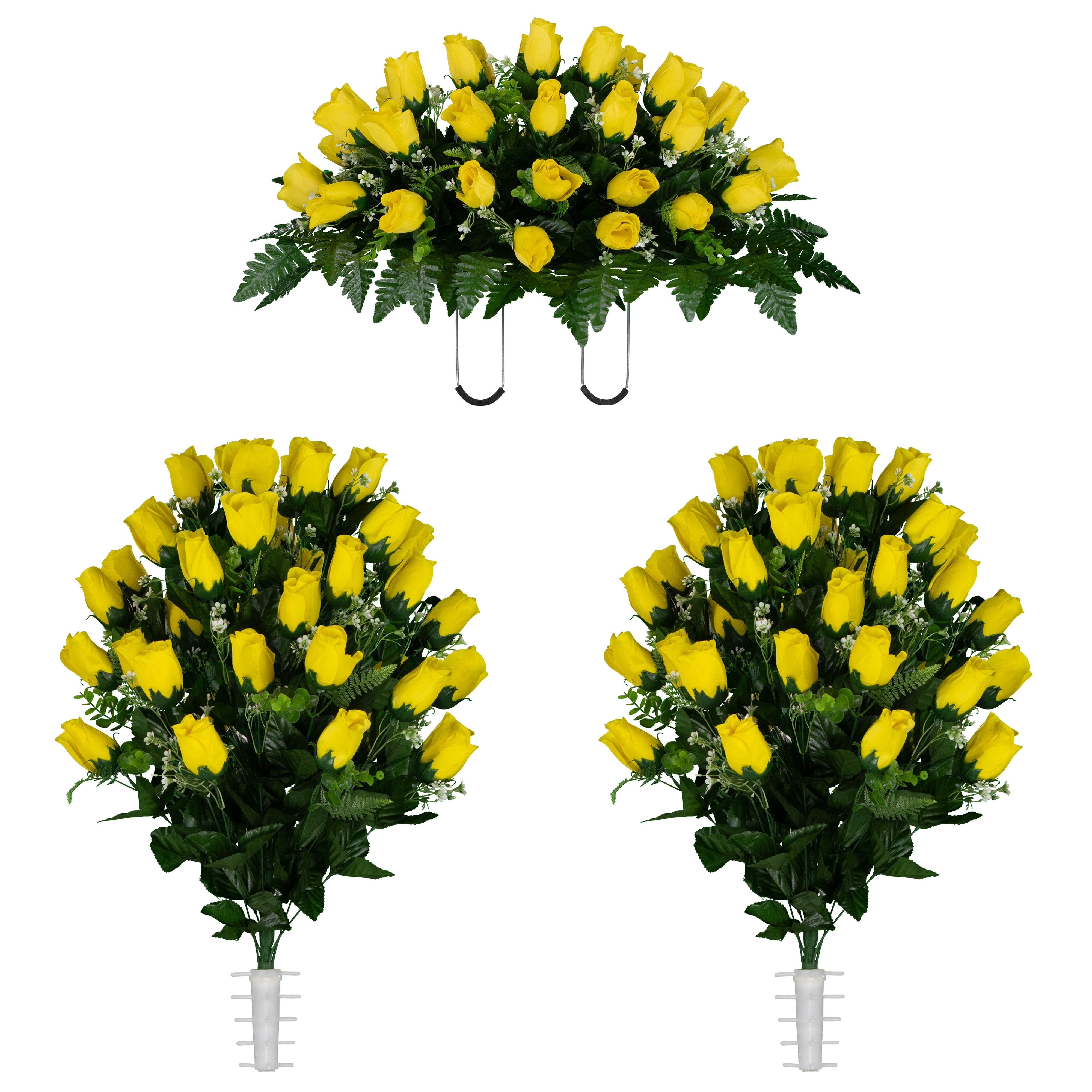Artificial Flowers Filled Grave Pot Yellow Roses and Gypsophila