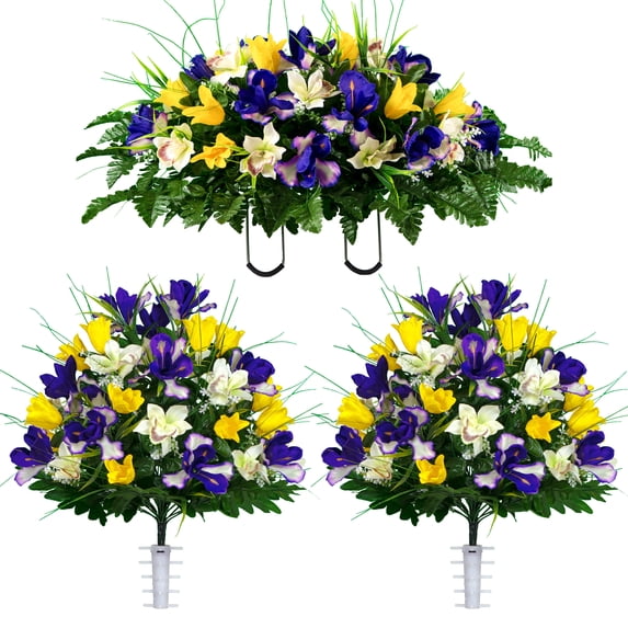Sympathy Silks Artificial Cemetery Flowers Yellow Tulips/Purple Iris 2 Bouquets & Saddle