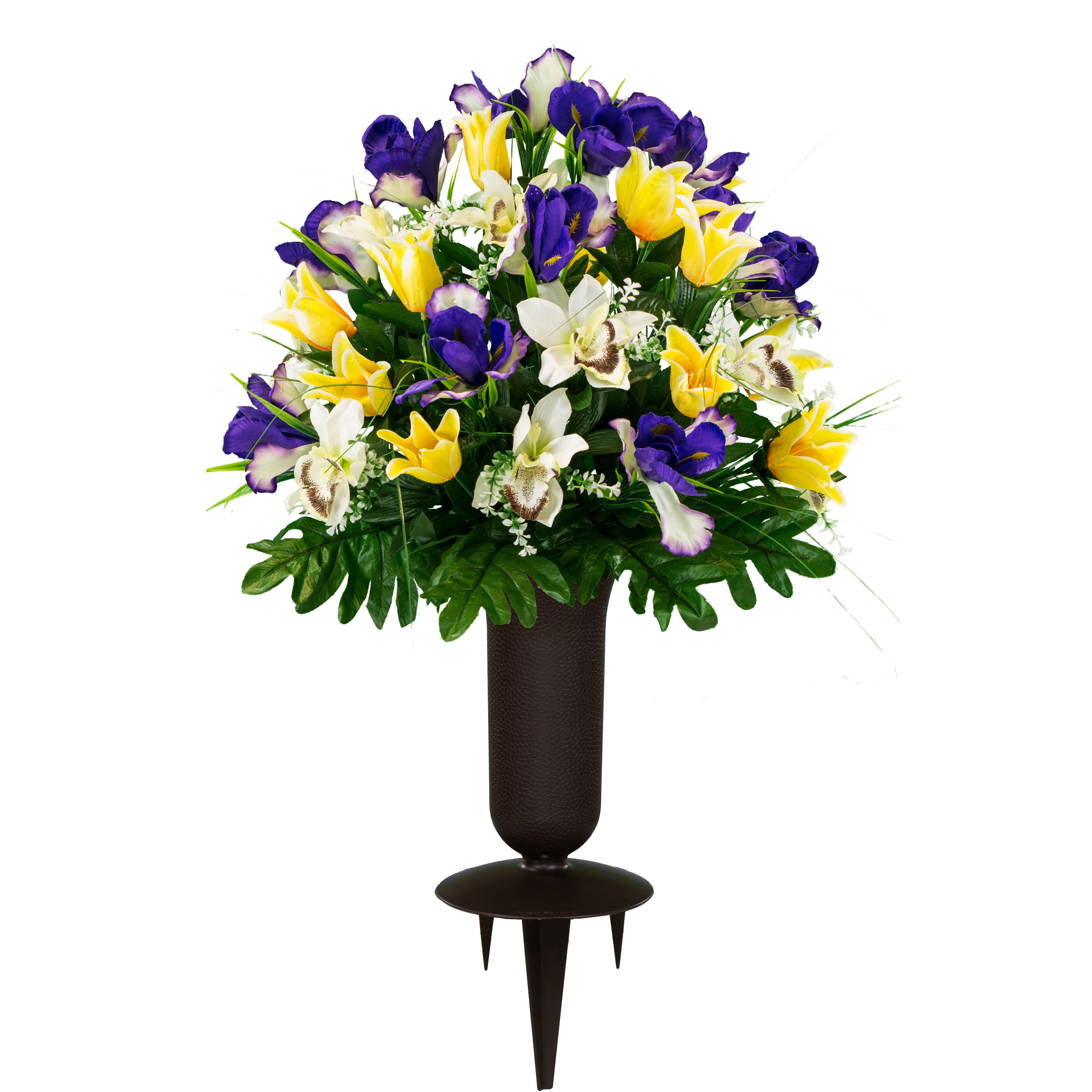 Sympathy Silks Artificial Cemetery Flowers Yellow Tulips/Purple Iris