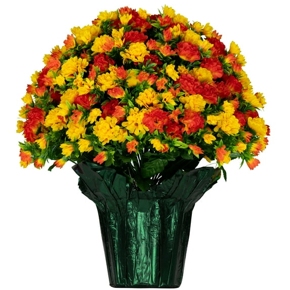 Sympathy Silks Artificial Flowers 17" Tall Sunset Orange Garden Mums Potted Silk