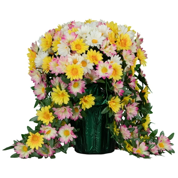 Sympathy Silks Artificial Flowers Outside Weighted Trailing Yellow White and Pink Daisies Pot