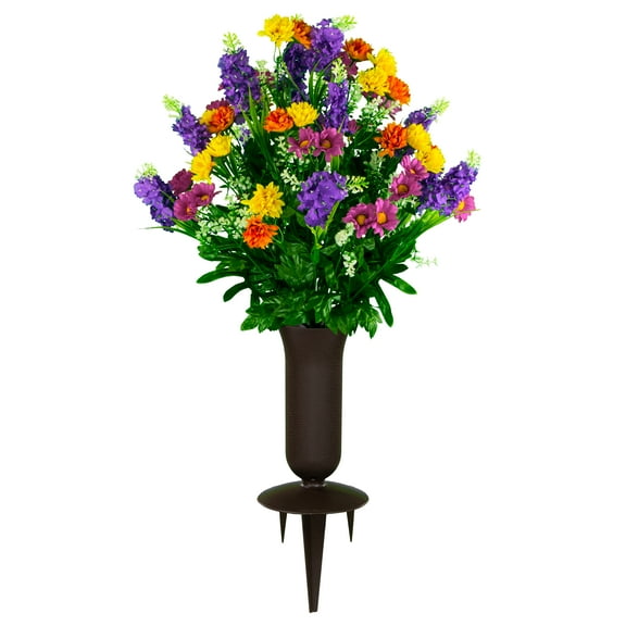 Sympathy Silks Artificial Flowers Purple Wildflower Cemetery Bouquet with Vase