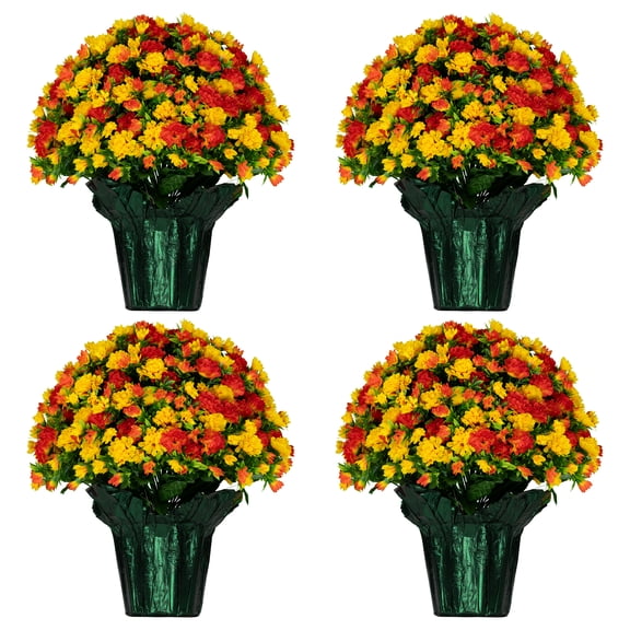 Sympathy Silks Artificial Flowers Weighted Pot Bouquet Decoration - 4 Pack of Sunset Orange Mum Pots