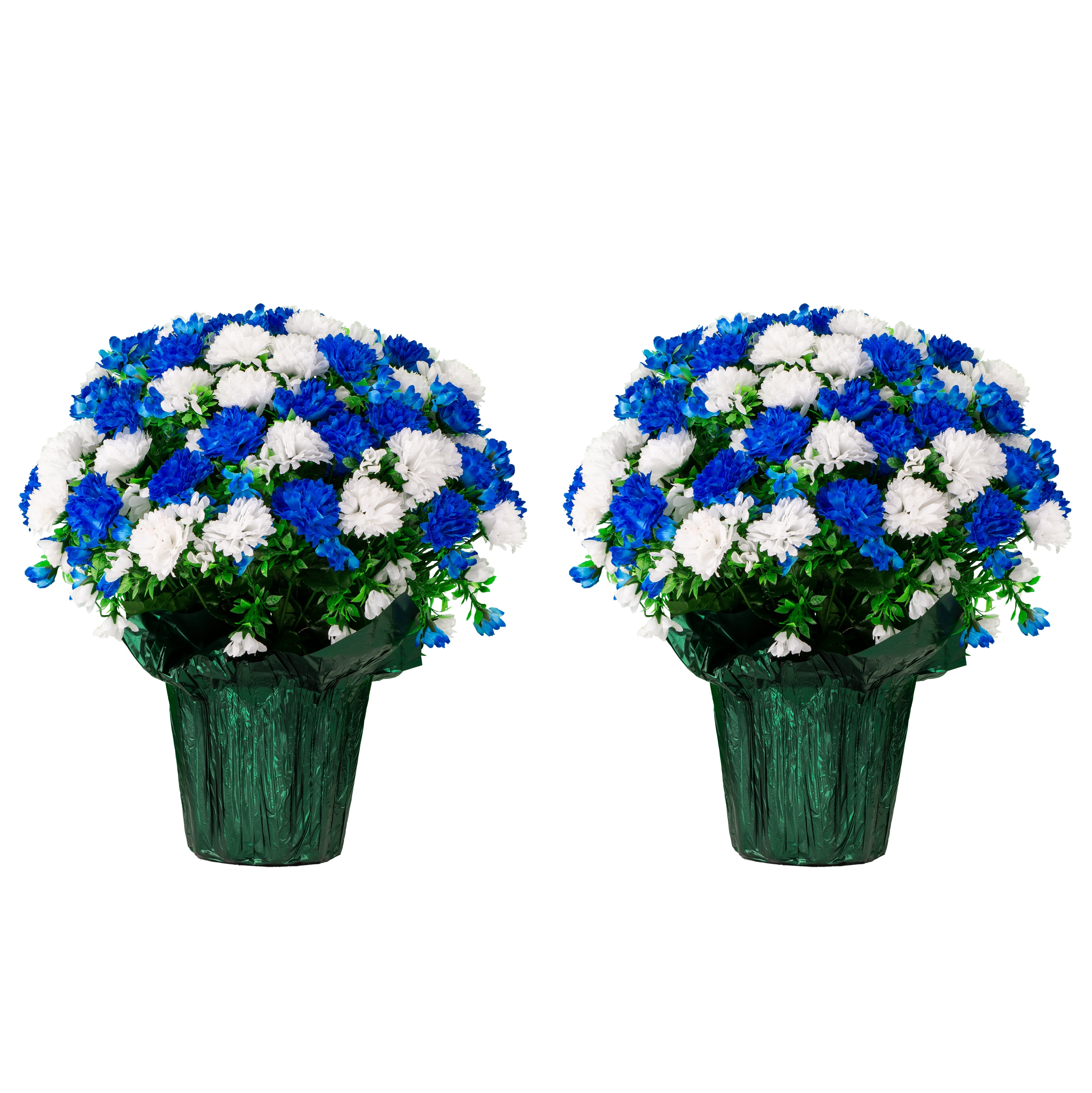 Sympathy Silks Artificial Flowers Weighted Pot Bouquet Decoration - Height 18"-20" - Fade Resistant - Home Decor, Office, or Memorial - 2 Pack of Blue and White Mum Pots