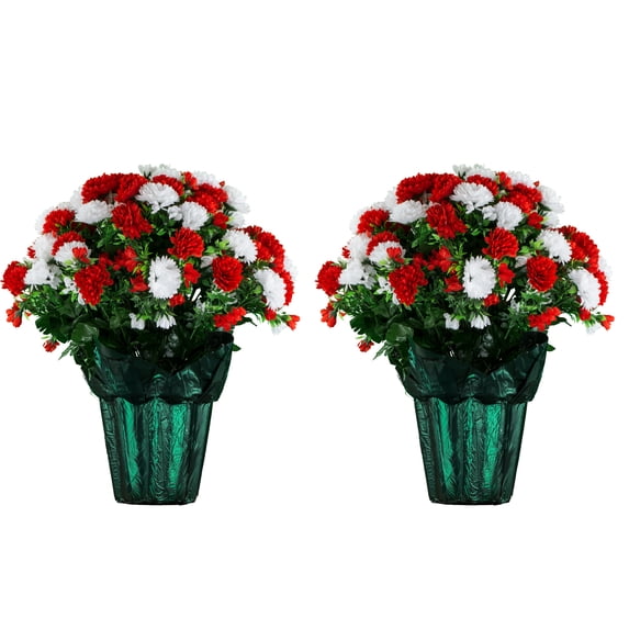 Sympathy Silks Artificial Flowers Weighted Pot Bouquet Decoration - Height 18"-20" - Fade Resistant - Home Decor, Office, or Memorial - 2 Pack of Red and White Mum Pots