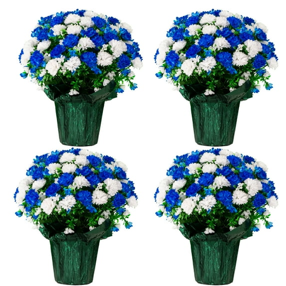 Sympathy Silks Artificial Flowers Weighted Pot Bouquet Decoration - Height 18"-20" - Fade Resistant - Home Decor, Office, or Memorial - 4 Pack of Blue and White Mum Pots