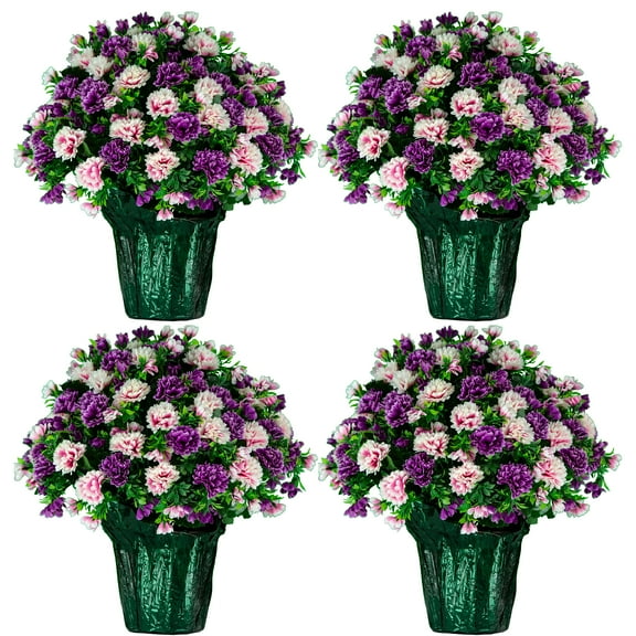Sympathy Silks Artificial Flowers Weighted Pot Bouquet Decoration - Height 18"-20" - Fade Resistant - Home Decor, Office, or Memorial - 4 Pack of Pink and Purple Mum Pots