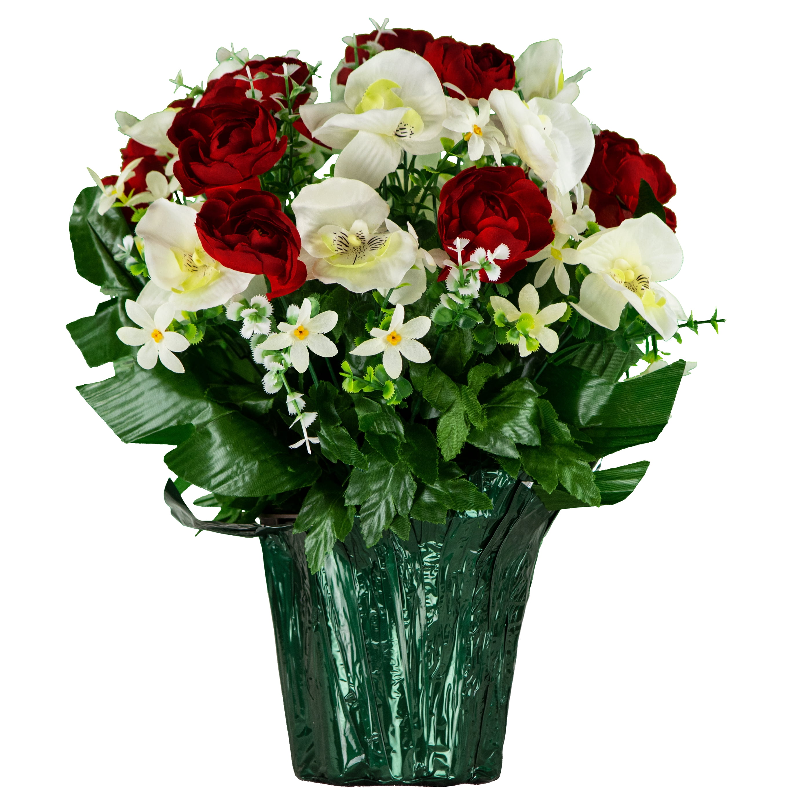 Sympathy Silks Artificial Flowers - Weighted Pot bouquet Decoration - Red Cabbage Rose and White Orchids Flower Pot