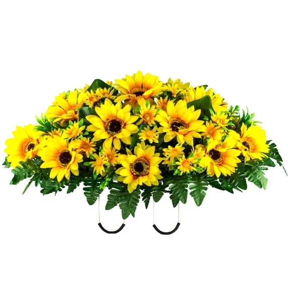 Sympathy Silks Artificial Cemetery Flowers Yellow Sunflowers Saddle for Headstone