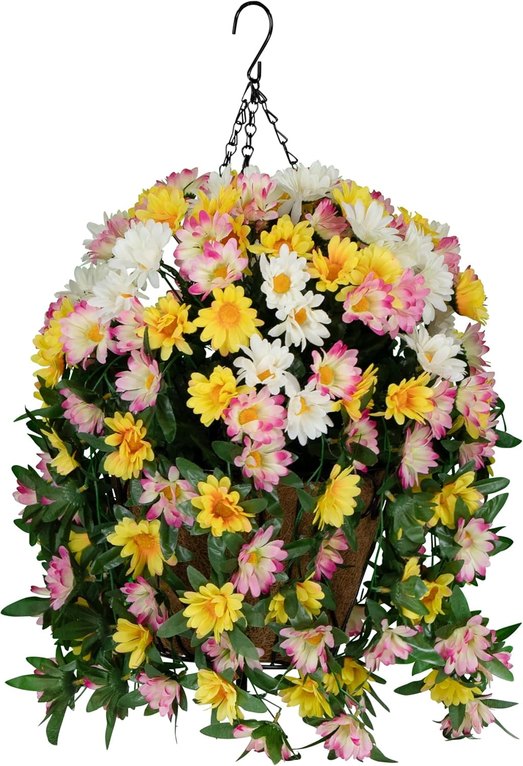 Sympathy Silks Artificial Flowers - Yellow White and Pink Daisies Hanging Basket