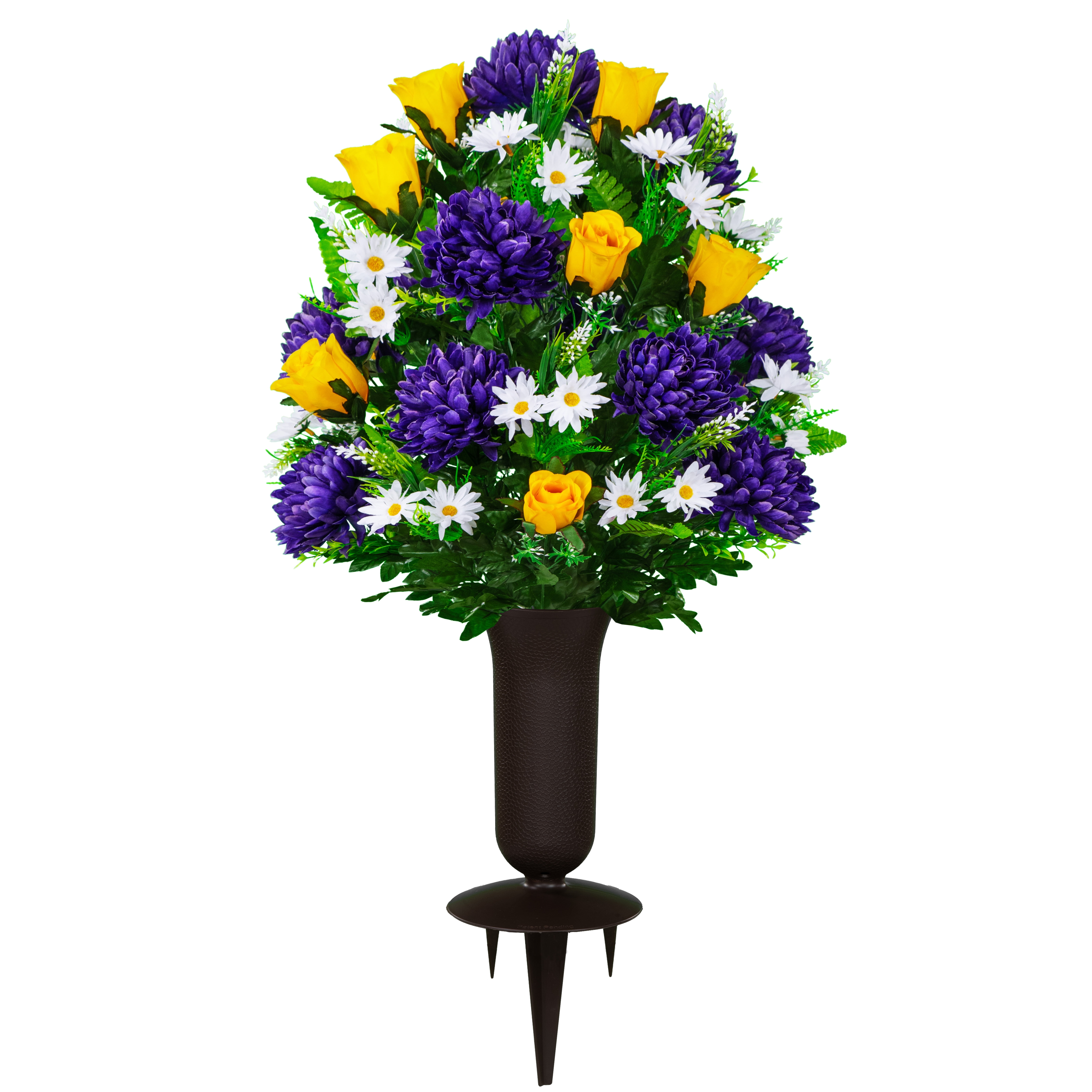 Sympathy Silks Artificial Purple Flowers for Cemetery with Vase Bouquet