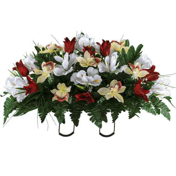 Sympathy Silks Artificial Red Tulip/White Iris Cemetery Saddle 30" Wide