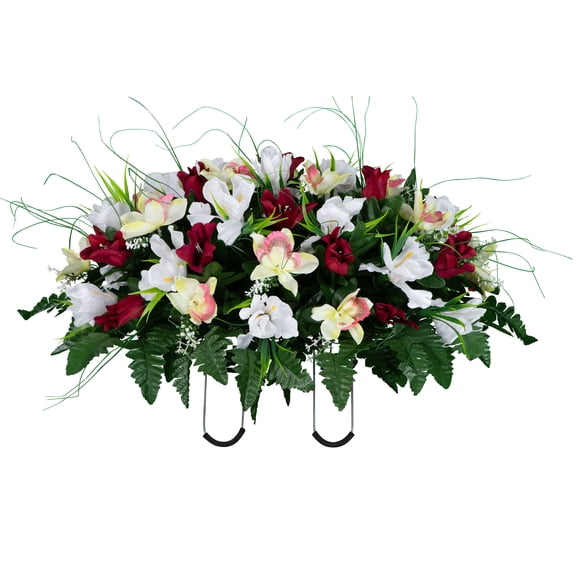 Sympathy Silks Artificial Red Tulip/White Iris Cemetery Saddle 30" Wide