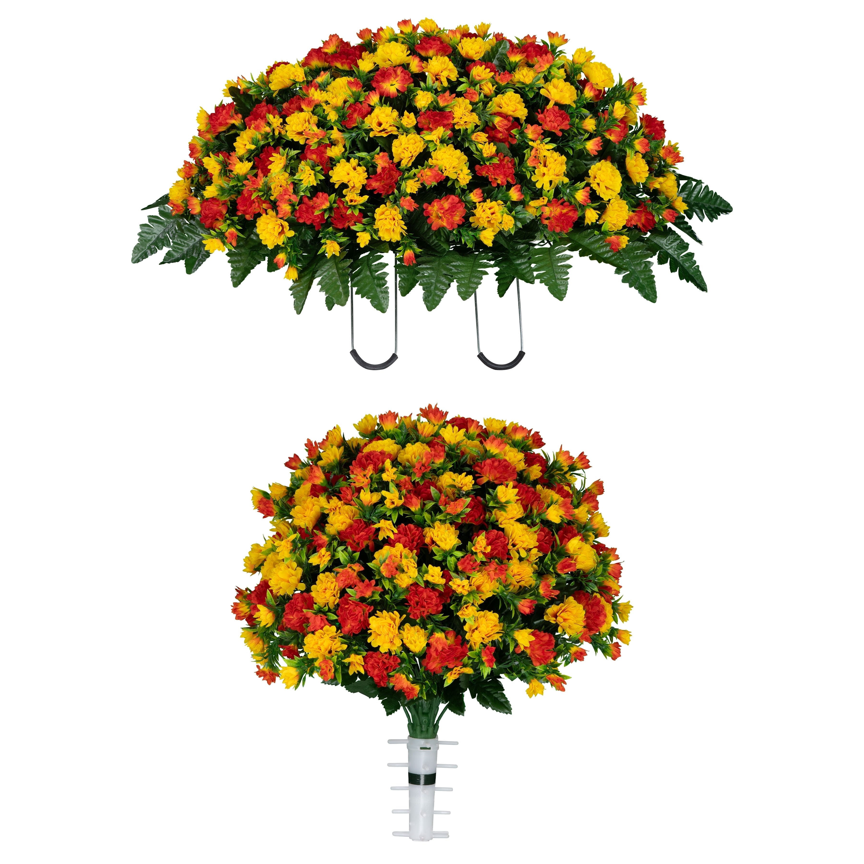 Sympathy Silks Artificial Cemetery Flowers Sunset Orange Garden Mums Bouquet & Saddle