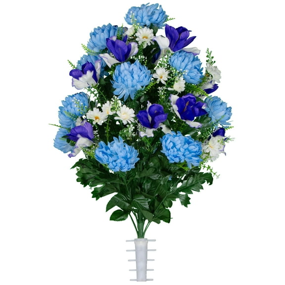 Sympathy Silks Cemetery Flowers Artificial Light Blue Mums and Purple Iris