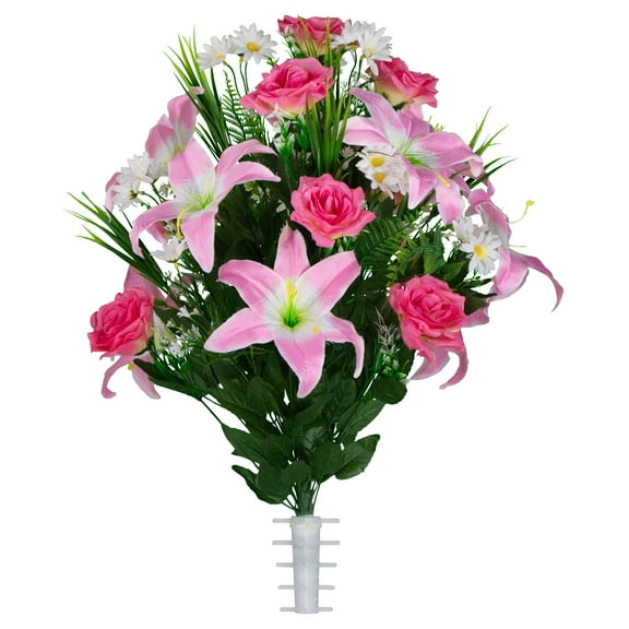 Sympathy Silks Cemetery Flowers Artificial Pink Lily and Rose with White Daisies