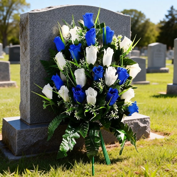 Sympathy Silks Cemetery Flowers Gravesite Flowers Red Lilies With White Daisies And Red Roses (1) Bouquet