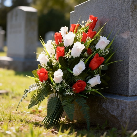 Sympathy Silks Cemetery Flowers Gravesite Flowers Red Lilies With White Daisies And Red Roses (1) Bouquet