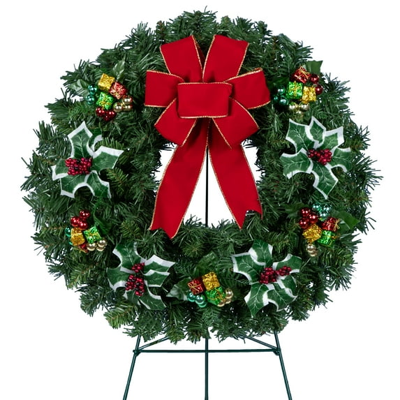 Sympathy Silks Christmas Memorial Wreath Holiday Ornaments with Red Velvet Bow on 30 Inch Easel