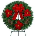 thumbnail image 1 of Sympathy Silks Christmas Memorial Wreath Poinsettias and Pinecones with Velvet Bow on 30 Inch Easel, 1 of 6