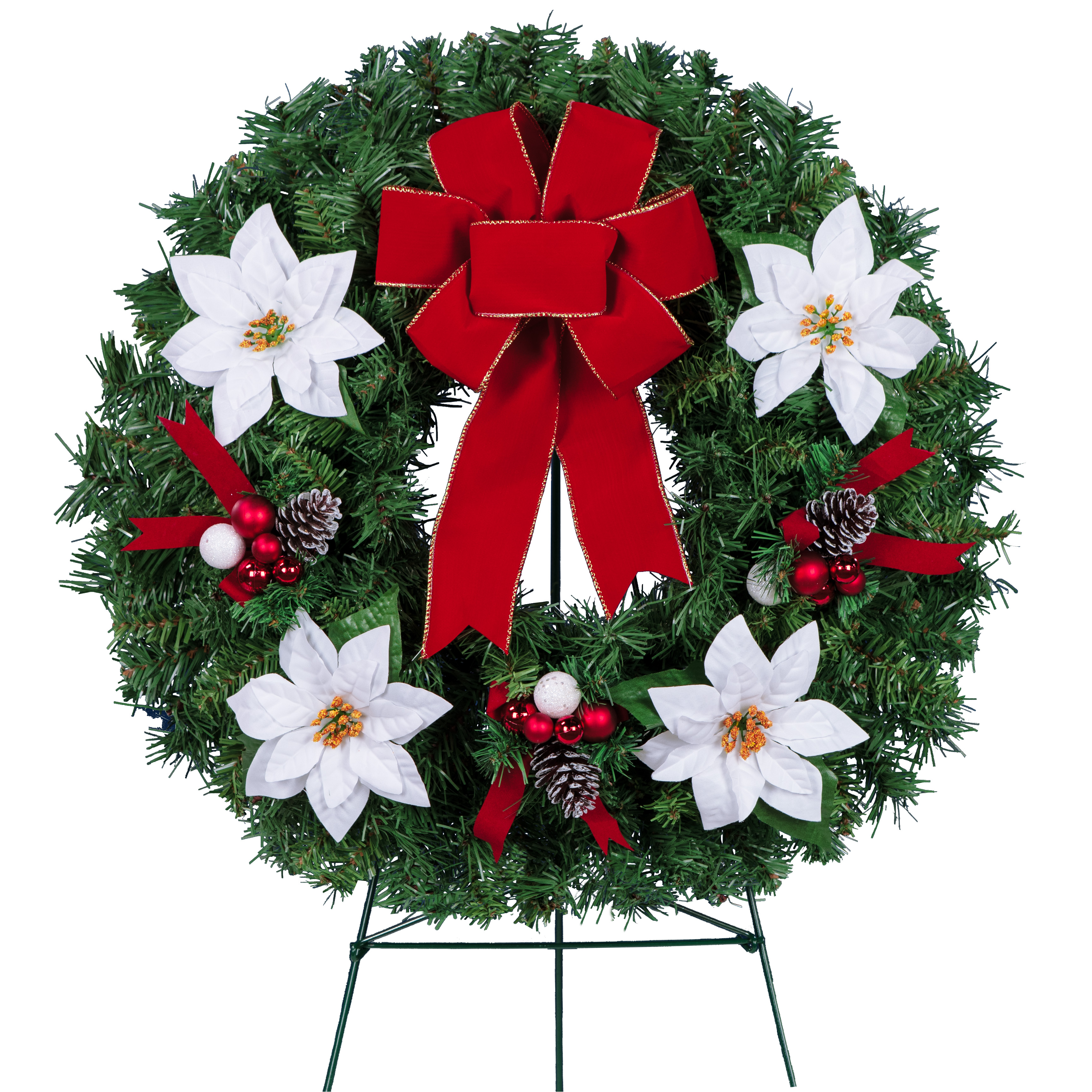 Sympathy Silks Christmas Memorial Wreath White Poinsettias with Red ...