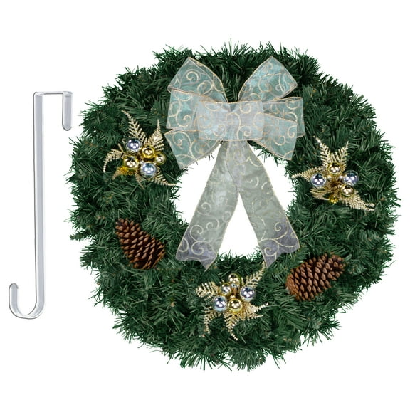 Sympathy Silks Christmas Wreath Gold Ornaments and Holly with Glitter Bow Door Hanger Included