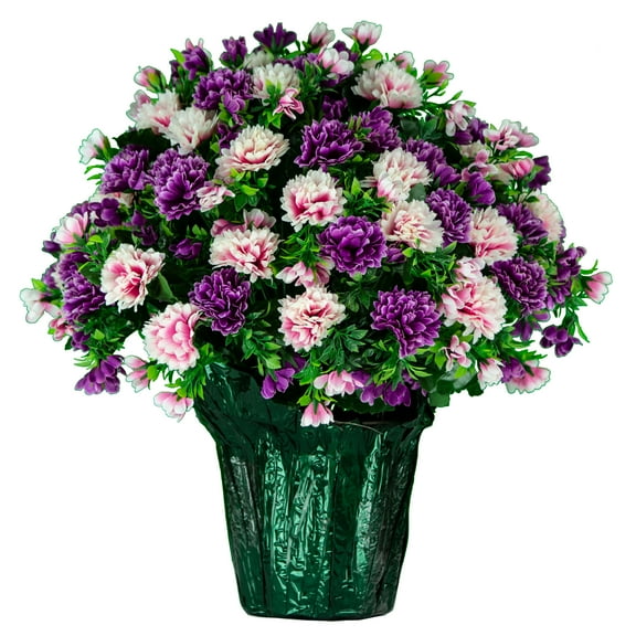 Sympathy Silks Memorial Artificial Flowers Weighted Pot Bouquet Decoration - Height 18"-20" - Artificial Greenery - Fade Resistant - Pink and Purple Mum Potted Silk