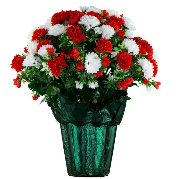 Sympathy Silks Memorial Artificial Flowers Weighted Pot Bouquet Decoration - Height 18"-20" - Artificial Greenery - Fade Resistant - Red and White Mum Potted Silk