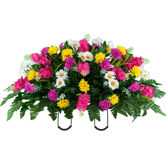 Sympathy Silks Mother's Day Cemetery Saddle for Headstone Pink Yellow White Wildflowers