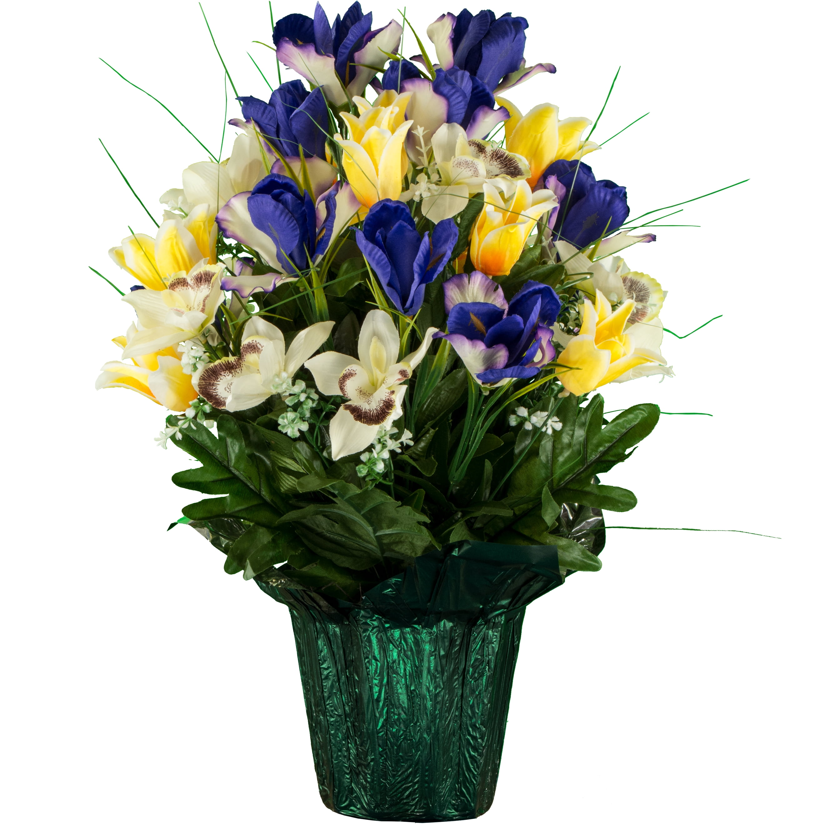 Sympathy Silks Outside Weighted Pot Silk bouquet- Artificial Yellow Tulip & Purple Iris