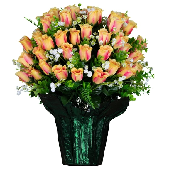 Sympathy Silks Potted Cemetery Flowers, Two Tone Beauty Rose Buds, 18 in