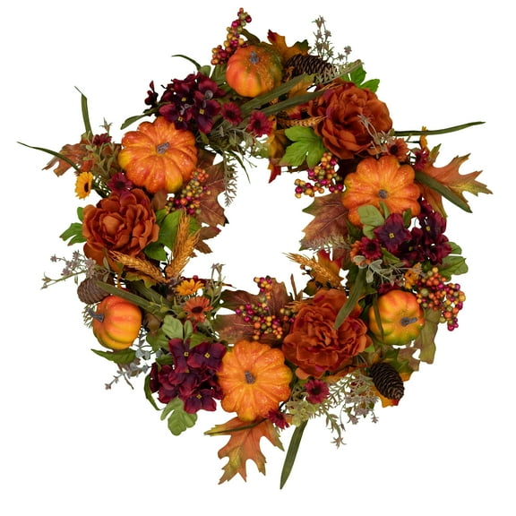 Sympathy Silks Pumpkin Harvest Grapevine Wreath with Door Hanger
