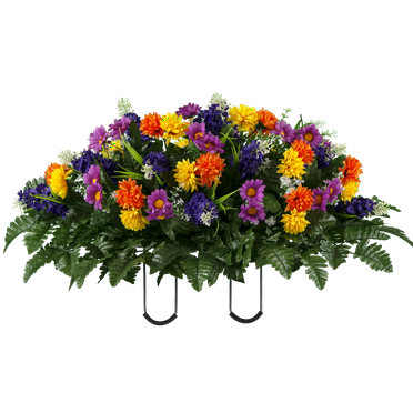 Sympathy Silks Artificial Cemetery Flowers - Purple Violet Yellow Wildflower Mix - Saddle for Headstone