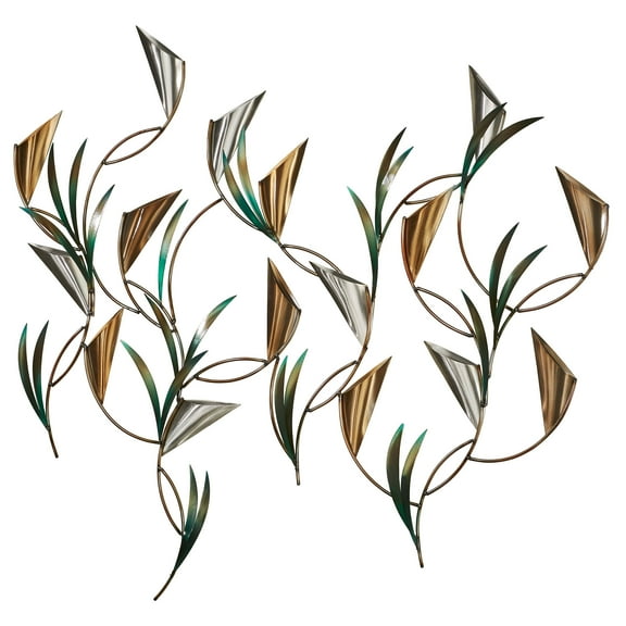 Symphony Nature Inspired Stainless Steel Wall Sculpture, Metallic, Silver Accents, Flowing Branches with Leaves and Flowers, Measures 37 by 34 Inches, JasonW Studios Exclusive Design
