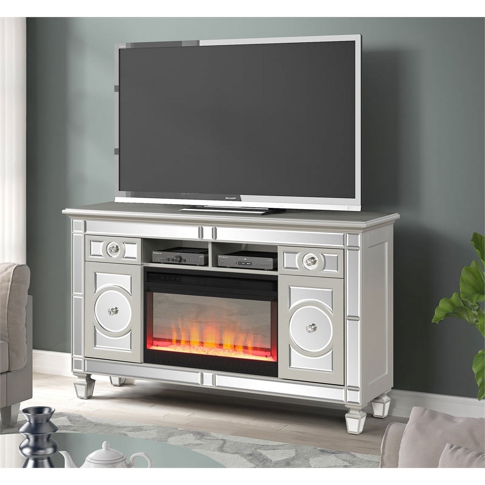 Symphony Solid Wood TV Stand With Electric Fireplace in Silver