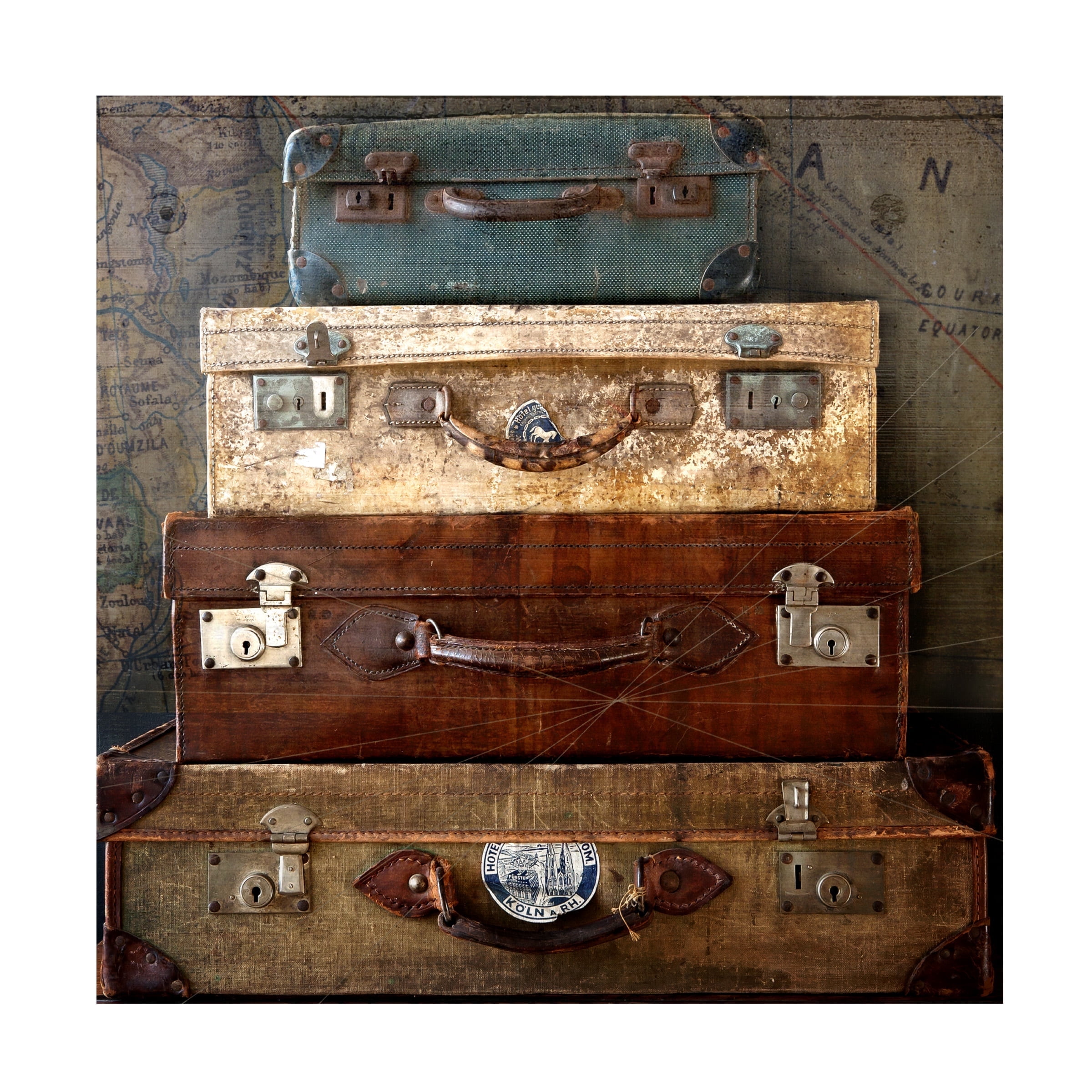 Vintage Suitcases Still Life Canvas Print in Brown and Blue