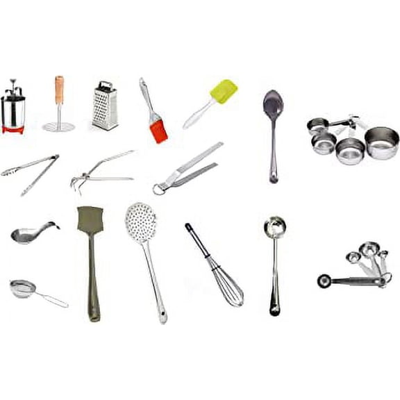 SynSpiritStore Stainless Steel 17 in 1 Perfect Kitchen Tool Combo Masher, WADA Maker, Spoon Rest, Chimta, Pakkad, Strainer, Whisk, Grater, Brush, Spatula, Zara, Palta, Tong, Cup Spoon, Pan, Spoodle