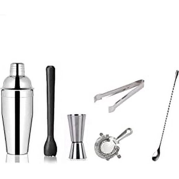 SynSpiritStore Stainless Steel 6 Pcs Bartender Martini Kit Set - Teardrop Bar Spoon, Cocktail Shaker 750 ml, Tall peg Measure 30/60 ml, Black PVC Muddler, Ice Tong, Cocktail Strainer- Set of 6