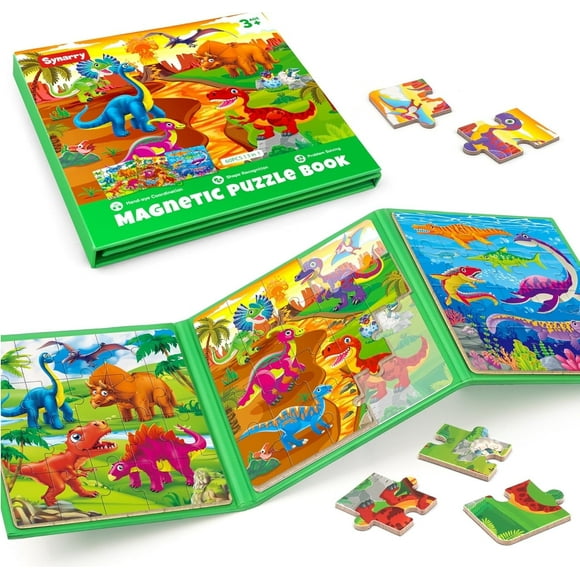 SYNARRY Magnetic Dinosaur Puzzles Puzzles for Toddlers 3-5 Boys, 20 Pieces Travel Puzzles for Kids Ages 4-6, Car Airplane Road Trip Activities Toys for 3 4 5 6 Year Old Girls Birthday Gifts