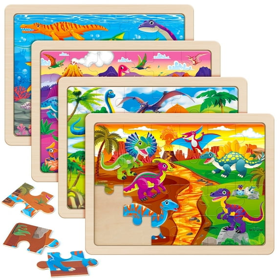 SYNARRY Wooden Dinosaur Puzzles for Kids Ages 3-8, 4 Packs Wooden Jigsaw Puzzles for Kids(Each 24 Pcs)